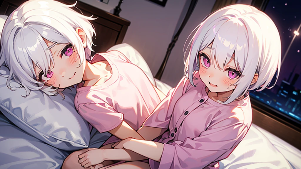 White Hair Girl、Pink Eyes、Short Hair、Only one girl、Night、In the bedroom、Blushing、laughing、Excited、Just One、Sitting on the bed、Sweating
