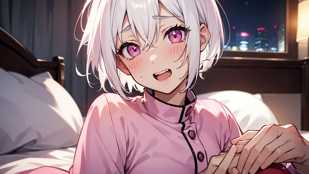 White Hair Girl、Pink Eyes、Short Hair、Only one girl、Night、In the bedroom、Blushing、laughing、Excited、Just One、Sitting on the bed、Sweating