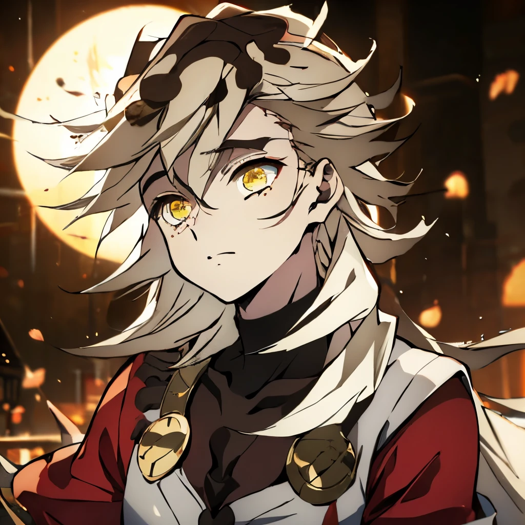 Masterpiece、Delicate eyes、Douma、Blonde、Brown Hair、Yellow Eyes、Red clothes、Serious face、fan、night、full moon、Upper Body