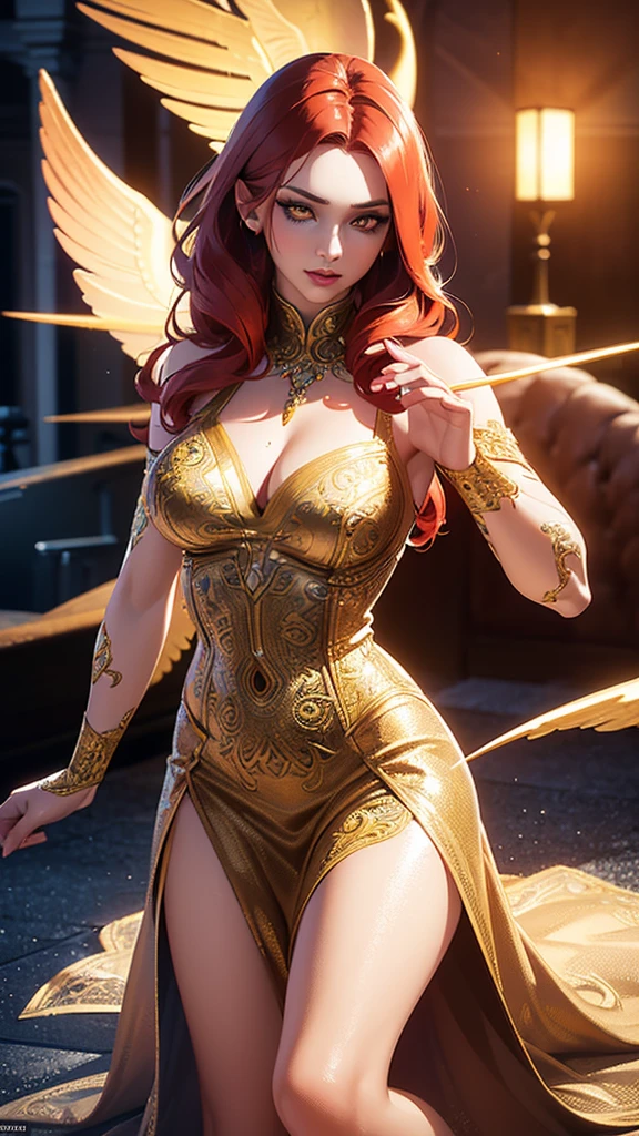 A beautiful woman with fiery red hair, bright yellow eyes, an angelic face, and a wonderful body, wearing (an elegant dress:1.2), (dramatic lighting:1.1), (CGI,3D render:1.2), (fantasy,enchanting:1.2), (highly detailed facial features:1.3), beautiful detailed eyes, beautiful detailed lips, extremely detailed eyes and face, long eyelashes, (intricate skin texture:1.2), (glowing skin:1.1), (dynamic pose:1.2), (dramatic atmosphere:1.2), (vibrant colors:1.3), (cinematic composition:1.2), (photorealistic:1.4), (best quality,4k,highres,masterpiece:1.2),ultra-detailed,(realistic,photorealistic,photo-realistic:1.37)