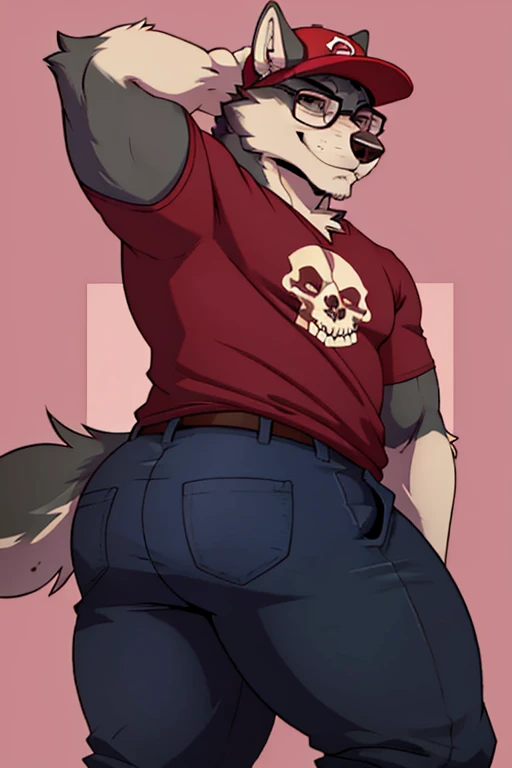 A male anthropomorphic wolf with dark red fur and thick thighs wearing, a glasses and a earpiece, a backwards cap, a burgundy t shirt with a skull logo, and short (front faceing) (solo)