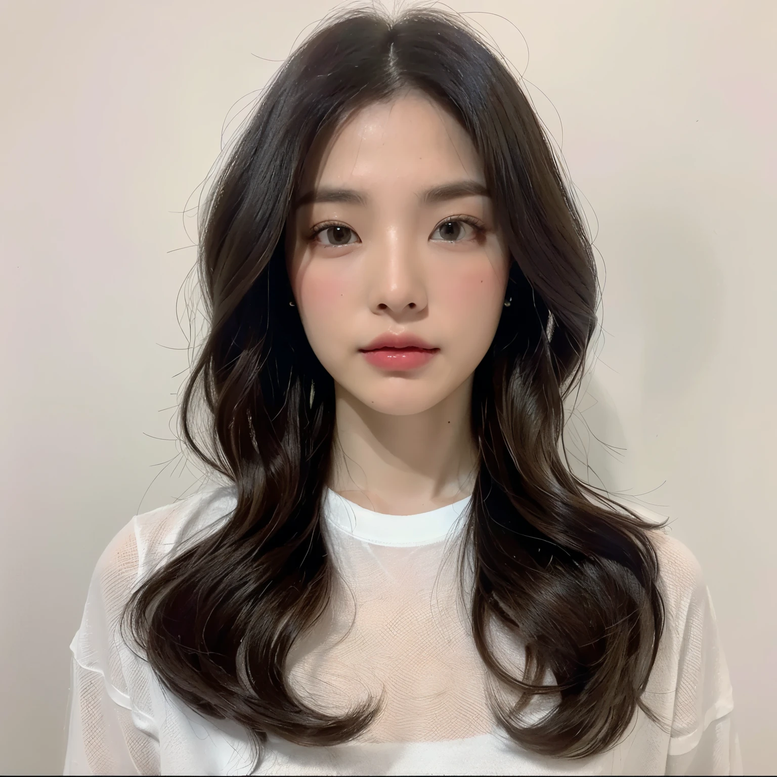 Best Quality, 8k, Masterpiece, (Portrait: 1.3), (photo realistic:1.4), (hyper realistic:1.4), Sharp Focus, looking at viewer, (smoother lighting:1.1), (increase cinematic lighting quality:0.9), realistic lighting, backlighting, light on face, ray trace, (brightening light:1.2), (Increase quality:1.4), sharp detail, (best quality real texture skin:1.4), finely detailed eyes, black_eyes, finely detailed face, 25 year old Korean woman, (white t-shirt:1.4), (Create an image maintaining the original base model hairstyle:1.5)