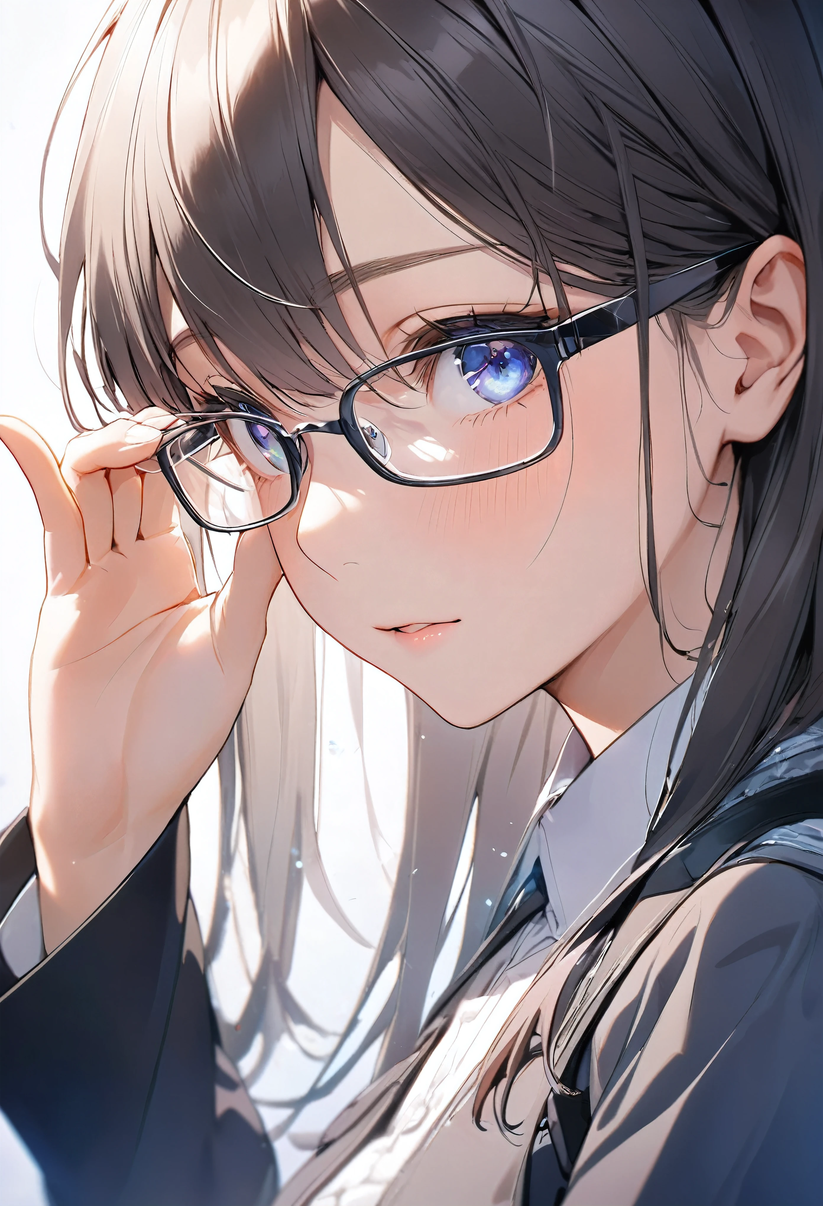 Faithfully recreates the gesture of putting on glasses, A magical moment, 
BREAK: He turns to face the viewer, looking up at the camera, trying to gauge his mood., 
BREAK, Clear and attractive eyes, 
BREAK (dynamic shot from side:1.1, eye level shot), 