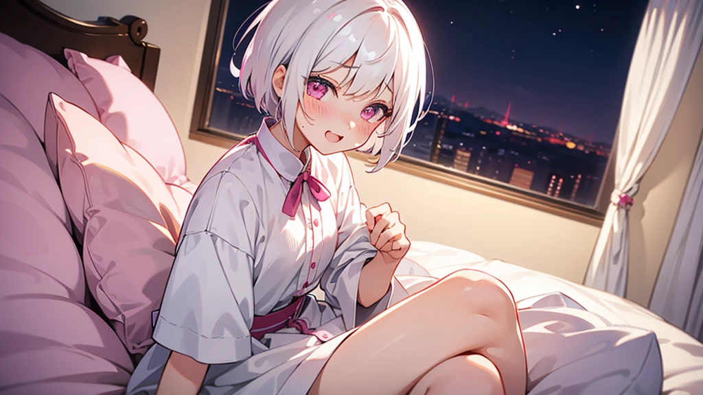 White Hair Girl、Pink Eyes、Short Hair、Only one girl、ht、In the bedroom、Blushing、laughing、Excited、Just One、Sitting on the bed、Sweating