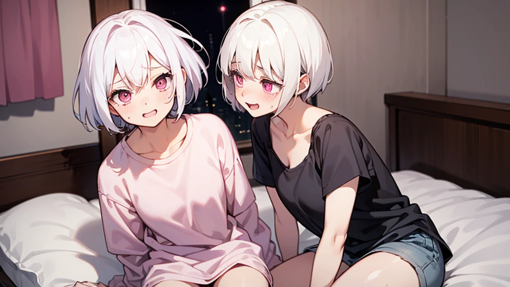 White Hair Girl、Pink Eyes、Short Hair、Only one girl、Night、In the bedroom、Blushing、laughing、Excited、Just One、Sitting on the bed、Sweating