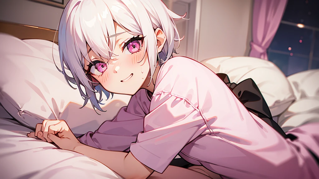 White Hair Girl、Pink Eyes、Short Hair、Only one girl、Night、In the bedroom、Blushing、laughing、Excited、Just One、Sitting on the bed、Sweating、On all fours