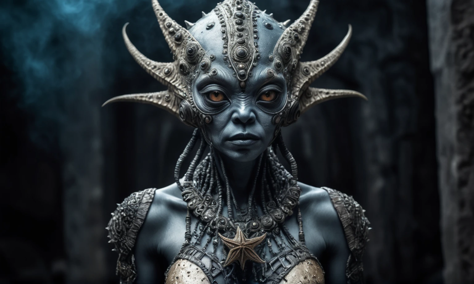 full body length shot,nerd graphite  Alien Entity,native africa slave ,nowadays azctec central city,Cinematic,soft colors, Technicolor,natural skin textures, hyper realism, hyper detailed,Extremely detailed,High contrast,Masterpiece,Realistic,Ultra Detailed, intricate details,realistic humid leather,extremely intricate details,Epic Realistic, cinematic style, irina yermolova,high contrast,hdr,extremely detailed, [deep night landscape],masterpiece, intricate details, eyes extremely detailed, high detailed eyes,8k resolution,retina, Nikon Z9,Korea,orc,, Pisces, transition between two art styles, Double contact, X-ray, Creative, vivid light, fantasy, Abstract, Surrealism, super detailed, high resolution,insanity wear,skin  almost translucent,  symbols of mourning and gothic elements, further emphasizing its dark air,Mestichino,Light particles,chaos,starfish's leather
