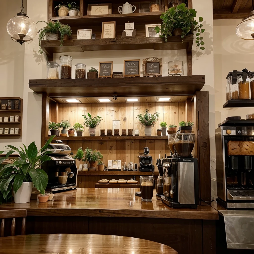 "Draw a realistic café scene on a rainy day. The café has large windows with raindrops trickling down, giving a view of the wet street and pedestrians with umbrellas outside. Inside, capture a cozy atmosphere with wooden tables and chairs, soft ambient lighting, and a variety of patrons. Some customers are reading, others are chatting quietly, and a few are working on laptops. Behind the counter, baristas are preparing coffee, with steam wafting up from the espresso machine. Include an abundance of greenery: potted plants on the floor, hanging plants from the ceiling, and small succulents on the tables, enhancing the warm and inviting ambiance. Add details like a chalkboard menu, shelves with coffee beans and pastries, and a display case with baked goods."