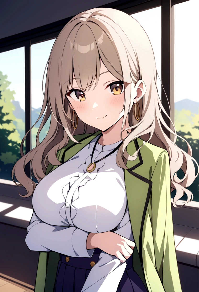 slender, mature female,jewelry, rating:safe, blurry, 1girl, depth_of_field, long_hair, jewelry, crossed_arms, green dress, solo, blurry_background, earrings, brown_eyes, breast_hold, breasts, light brown_hair, looking_at_viewer, smile, blush, purple_dress, long_sleeves, bangs, arm_under_breasts, closed_mouth, large_breasts, blurry_foreground, day, jacket, buttons, arms_under_breasts, shirt, bag, black_hair, high-waist_skirt, medium_breasts, open_clothes, indoors, white_shirt, eyebrows_visible_through_hair, jacket_on_shoulders, standing, necklace, pleated_dress, open_jacket, wavy_hair, hoop_earrings, sidelocks, cowboy_shot, outdoors, holding_arm, sunlight, upper_body, window