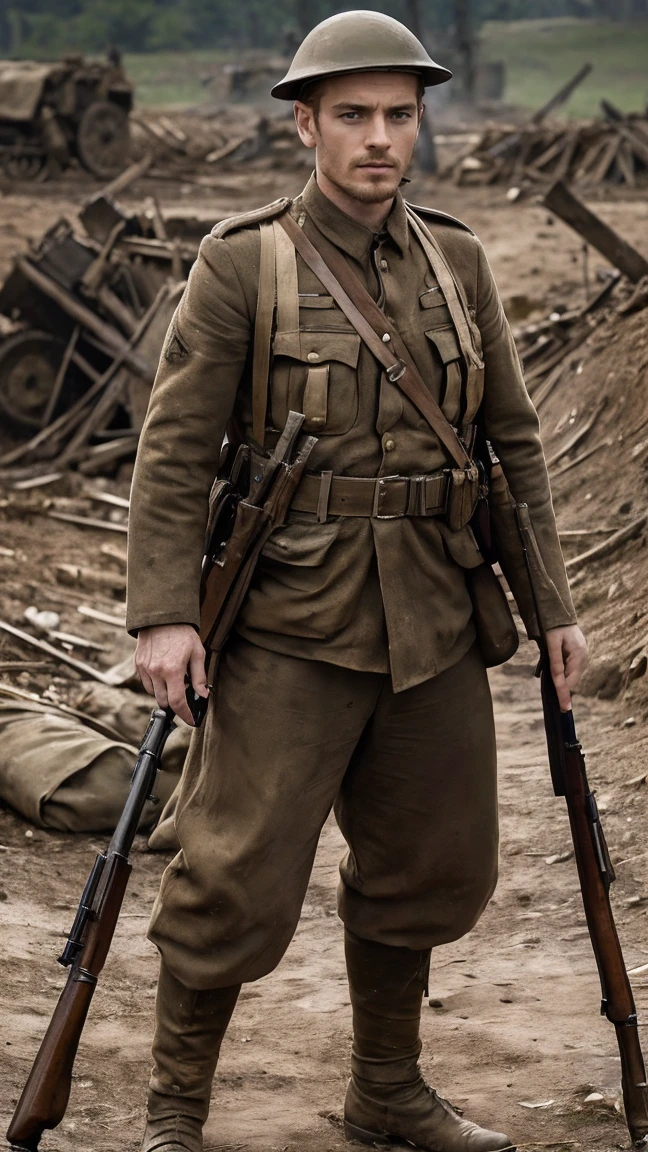 (masterpiece), best quality, expressive eyes, perfect face, All quiet on western Front, man, trenches, dirty, uniform, realistic, HD, Rifle, mas-36, battle, fighting, world war 1, bearded, mature, michael Fassbender