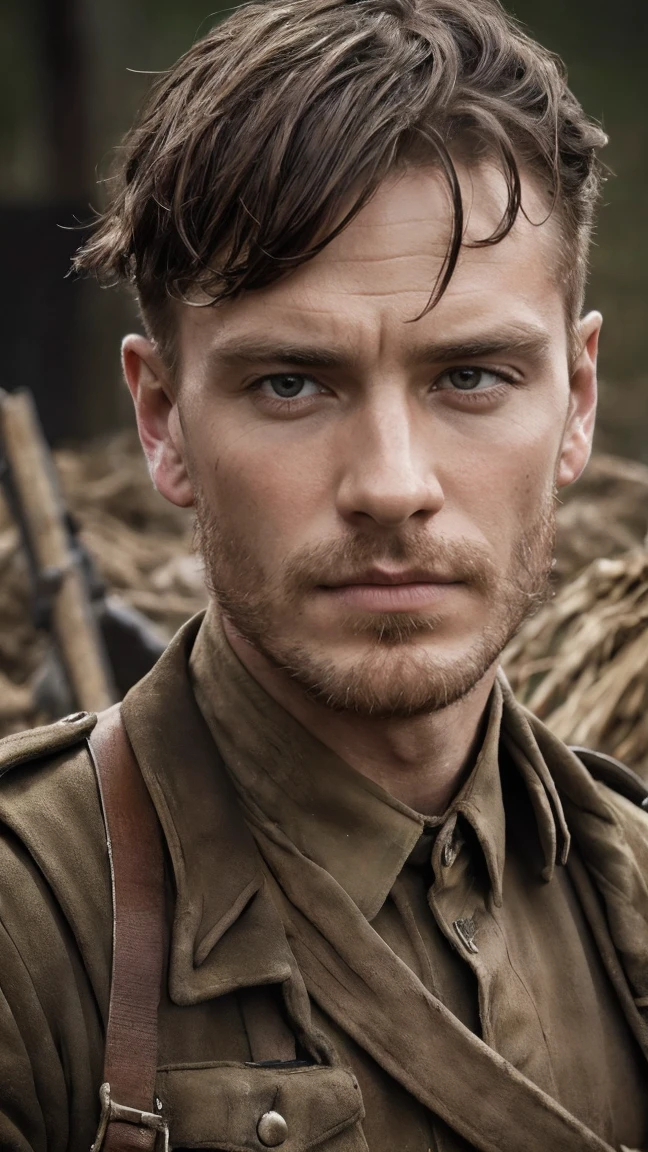 (masterpiece), best quality, expressive eyes, perfect face, All quiet on western Front, man, trenches, dirty, uniform, realistic, HD, Rifle, mas-36, battle, fighting, world war 1, bearded, mature, michael Fassbender