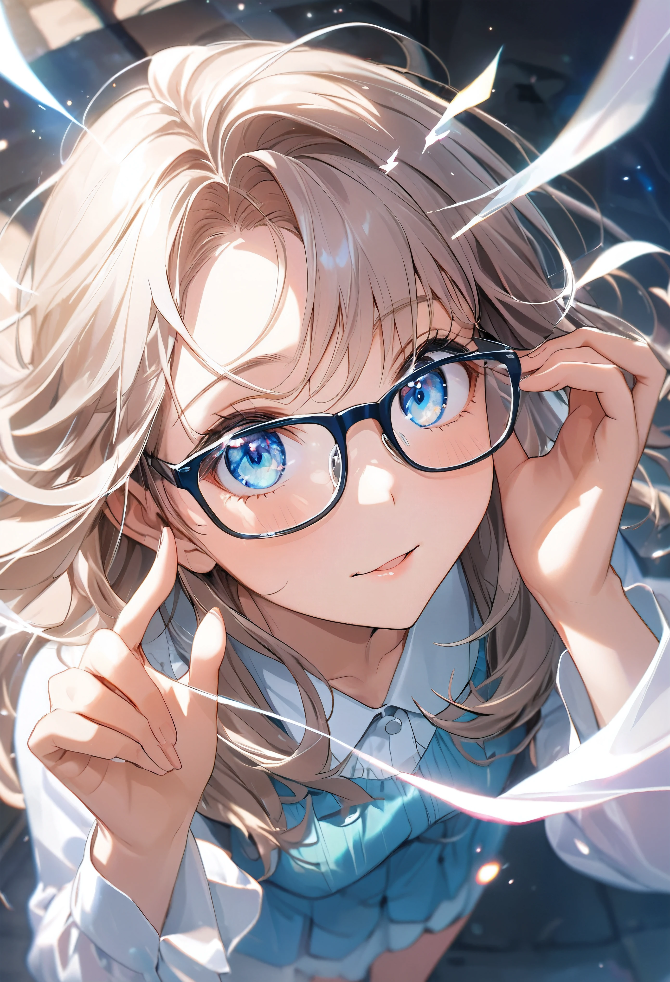Anime girl with glasses and blue shirt looking at camera - SeaArt AI