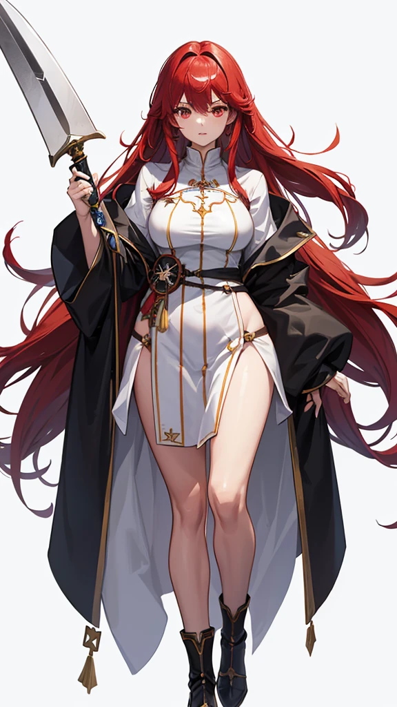 whole body側面図, jRPG Characters, jRPG Characters art, RPG Characters, whole body側面図, ((Pause)), Red hair, (To the camera), ((Female Swordsman), Character Design, (Medieval), whole body, (Perfect quality), Pure white background, Lots of white space, Dark skin