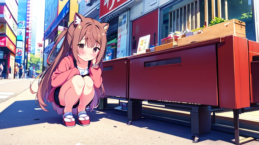 girl in short dress long stockings on the street akihabara tanuki blush on cheeks show pussy