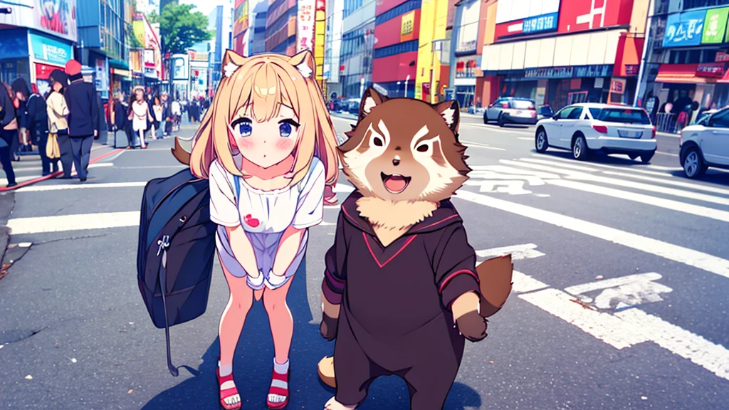 girl in short dress long stockings on the street akihabara tanuki blush on cheeks show pussy