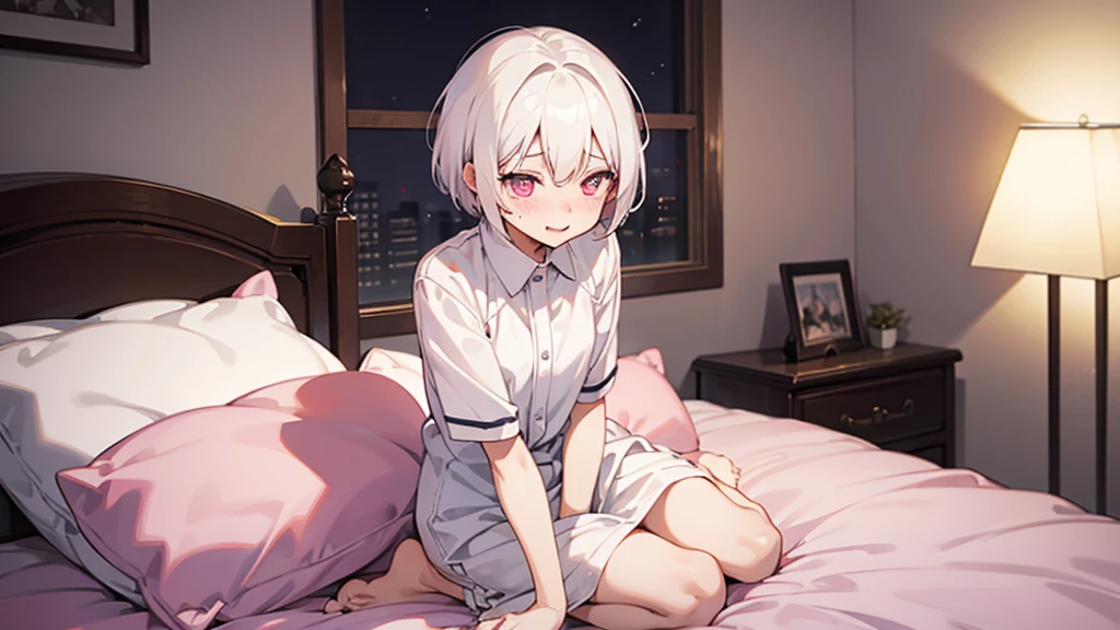 White Hair Girl、Pink Eyes、Short Hair、Only one girl、Night、In the bedroom、Blushing、laughing、Excited、Just One、Sitting on the bed、Sweating