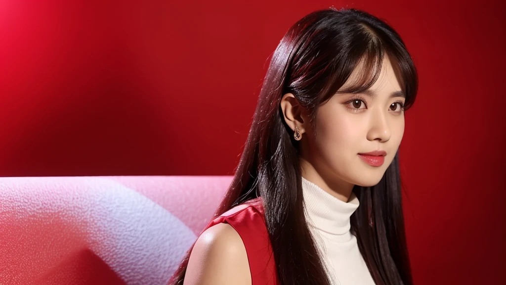 (a red rose),((red background)),(detailed face),VIVID,pretty,sleeveless and turtle neck (white silky clothes),4k ,super high resolution ,(photo-realistic: 1.7),black long hair,
