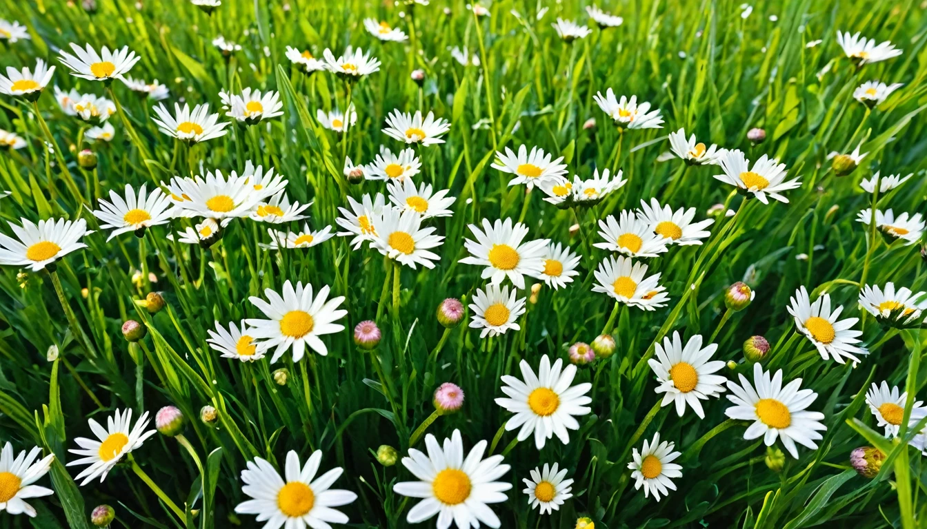 Beautiful spring and summer nature scene with field of blooming daisies on grass in hilly countryside