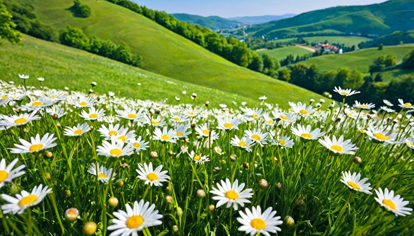 Beautiful spring and summer nature scene with field of blooming daisies on grass in hilly countryside