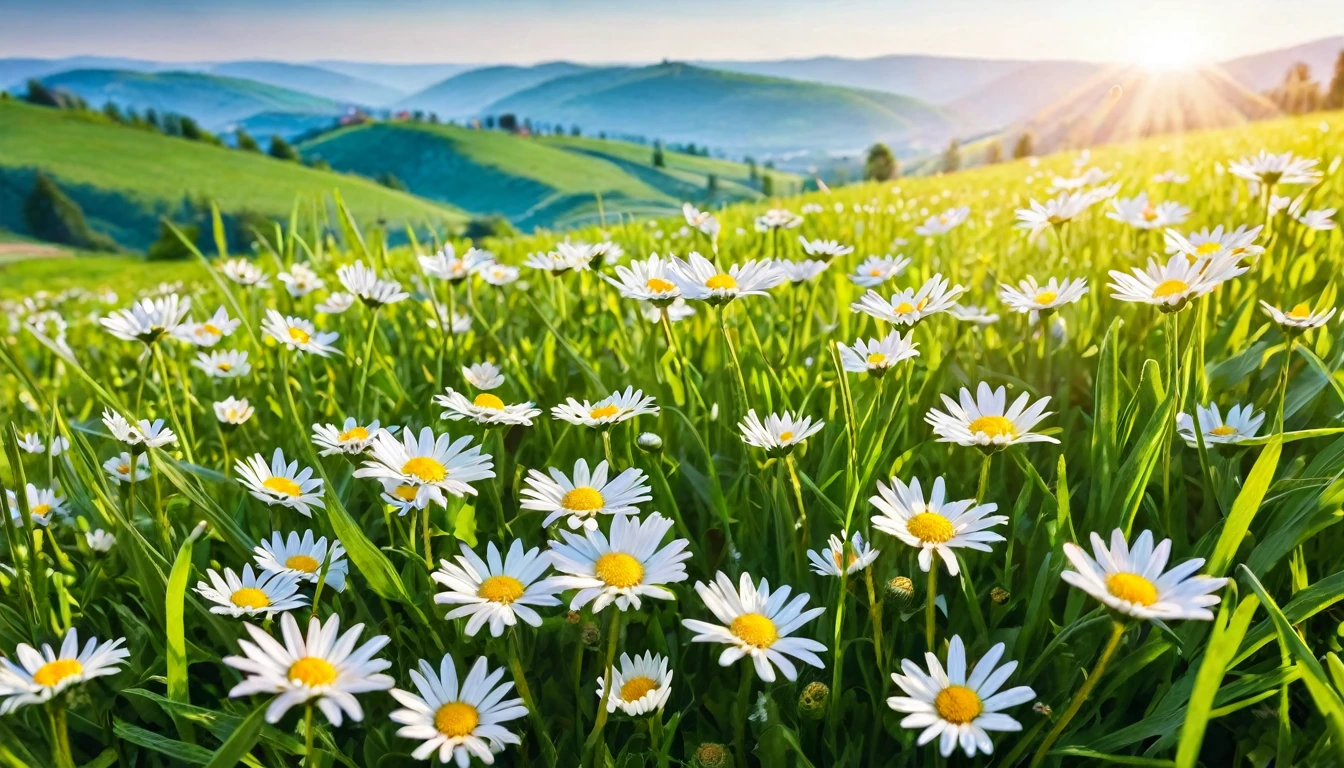 Beautiful spring and summer nature scene with field of blooming daisies on grass in hilly countryside