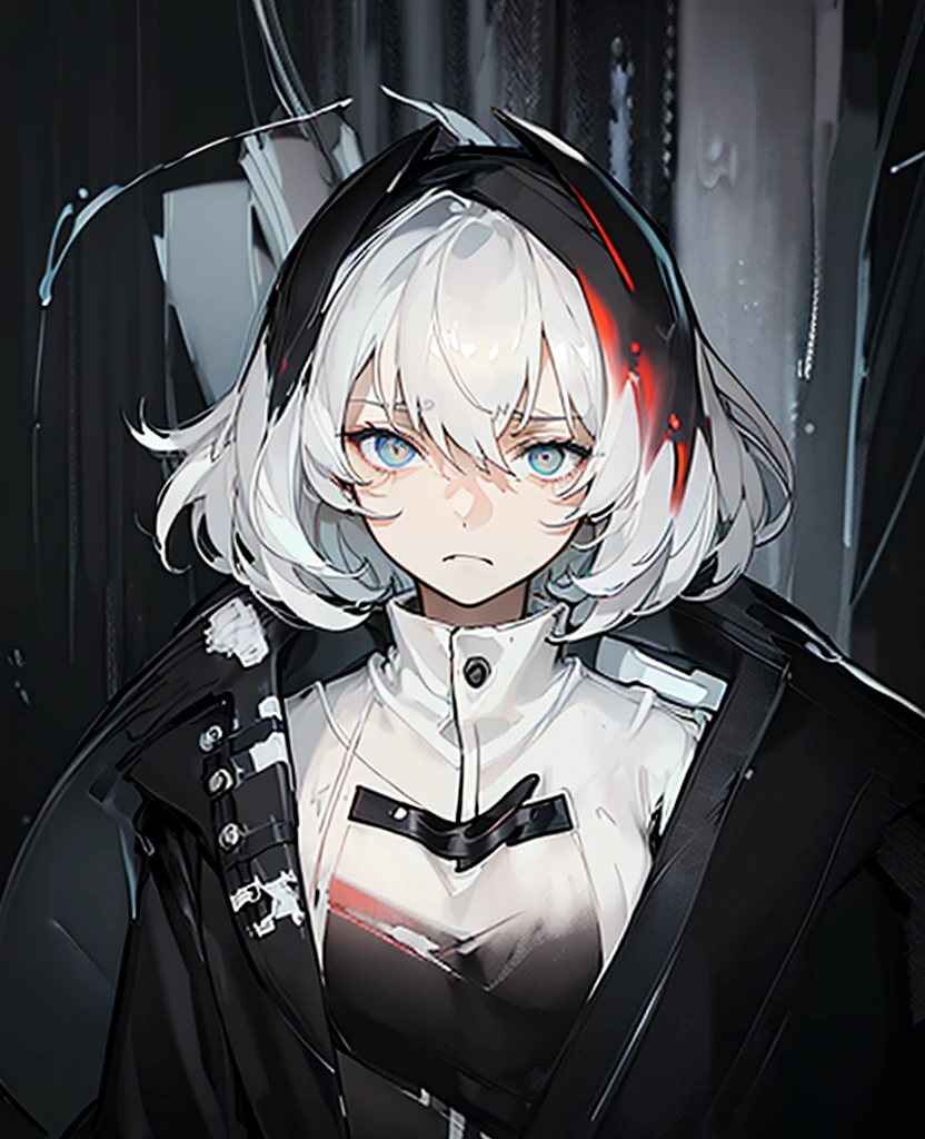 Masterpiece,Best quality,(A gloomy painting style:1.6),Solo,Boy,White hair,Short hair,(White shirt:1.4),((Face)) shirt,Shorts,Coat,Hood,Sneakers,Black coat,No breasts,Long sleeves,bangs,Fingerless gloves,Short hair,hair between eye,((gloomy expression)),(Pure black background:1.4),1 girl,