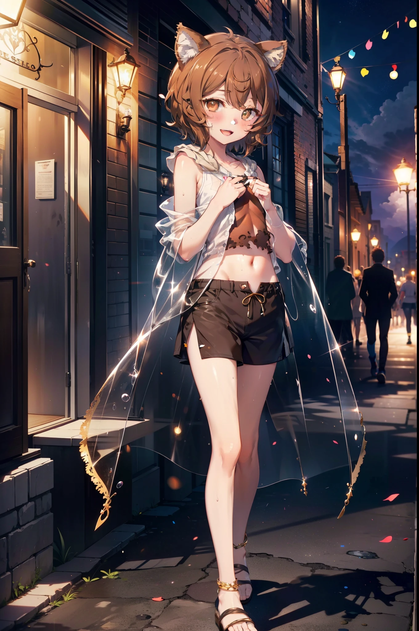 Lirilkaード, Lirilka, Animal ears, (Brown eyes:1.7), Brown Hair, (Flat Chest:1.2), happy smile, smile, Open your mouth,Sweat,See-through clothes,short hair,White Tank Top,Shorts,Cute Sandals ,Walking during the day,Clear skies, break looking at viewer, whole body, break outdoors ,Residential Street, break (masterpiece:1.2), Highest quality, High resolution, unity 8k wallpaper, (shape:0.8), (Beautiful and beautiful eyes:1.6), Highly detailed face, Perfect lighting, Highly detailed CG, (Perfect hands, Perfect Anatomy),