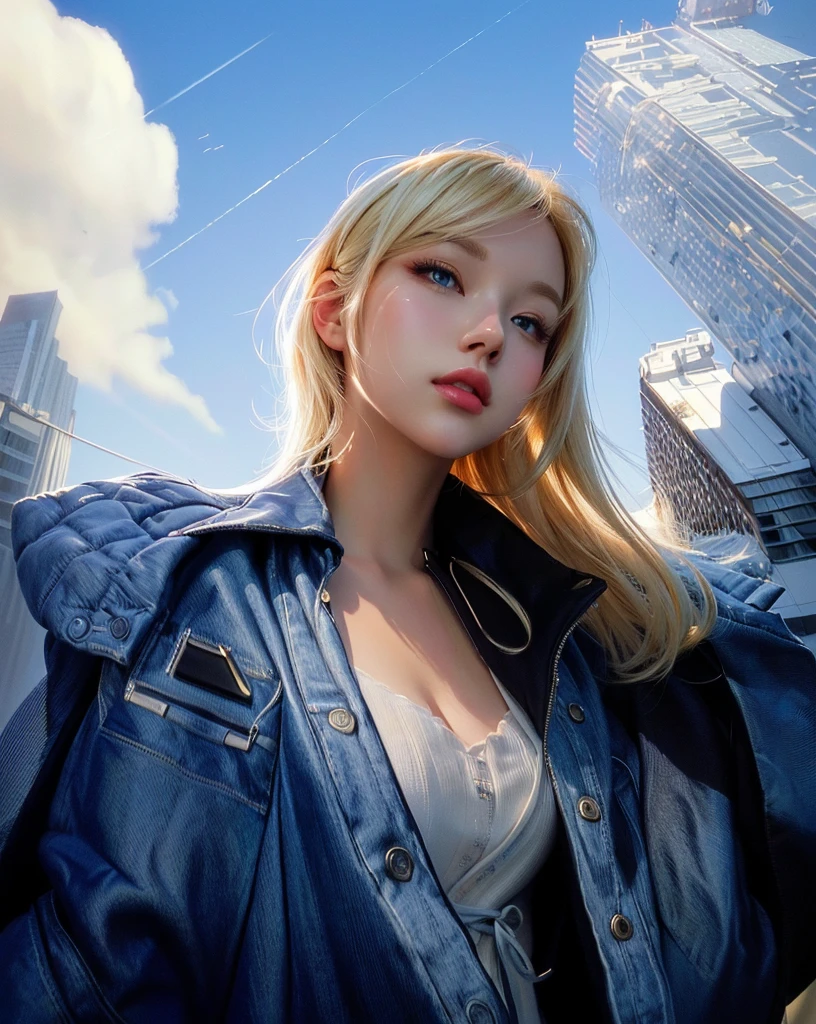 cute girl with blonde hair and blue jacket in front of a city, beautiful digital artwork, urban girl fanart, low detailed. digital painting, stunning digital illustration, realistic artstyle, in style of digital illustration, beautiful digital illustration, a beautiful artwork illustration, style digital painting, gorgeous digital painting, digital art ilya kuvshinov, beautiful digital painting, digital beautiful illustration