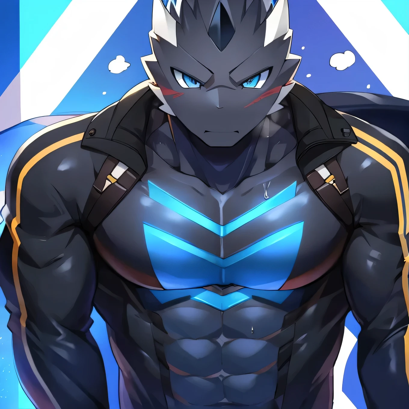 Thin macho western black dragon abs Hollow abs body suit thick arms chest rig 、sweaty skin glow profile Wearily short of breath Chemo shota
have a blue eyes Tired look jacket