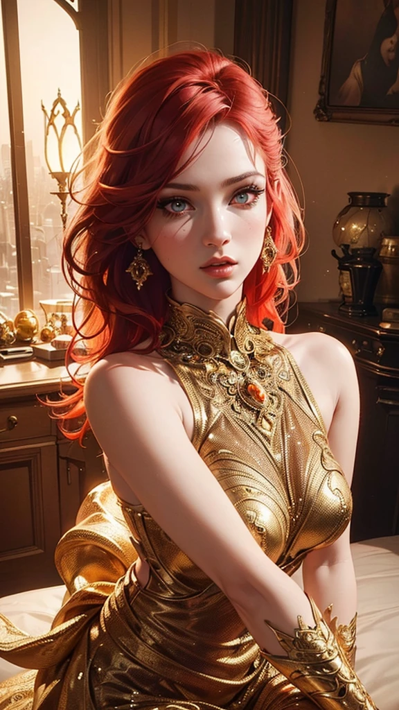 A beautiful woman with fiery red hair, bright yellow eyes, an angelic face, and a wonderful body, wearing (an elegant dress:1.2), (dramatic lighting:1.1), (CGI,3D render:1.2), (fantasy,enchanting:1.2), (highly detailed facial features:1.3), beautiful detailed eyes, beautiful detailed lips, extremely detailed eyes and face, long eyelashes, (intricate skin texture:1.2), (glowing skin:1.1), (dynamic pose:1.2), (dramatic atmosphere:1.2), (vibrant colors:1.3), (cinematic composition:1.2), (photorealistic:1.4), (best quality,4k,highres,masterpiece:1.2),ultra-detailed,(realistic,photorealistic,photo-realistic:1.37)