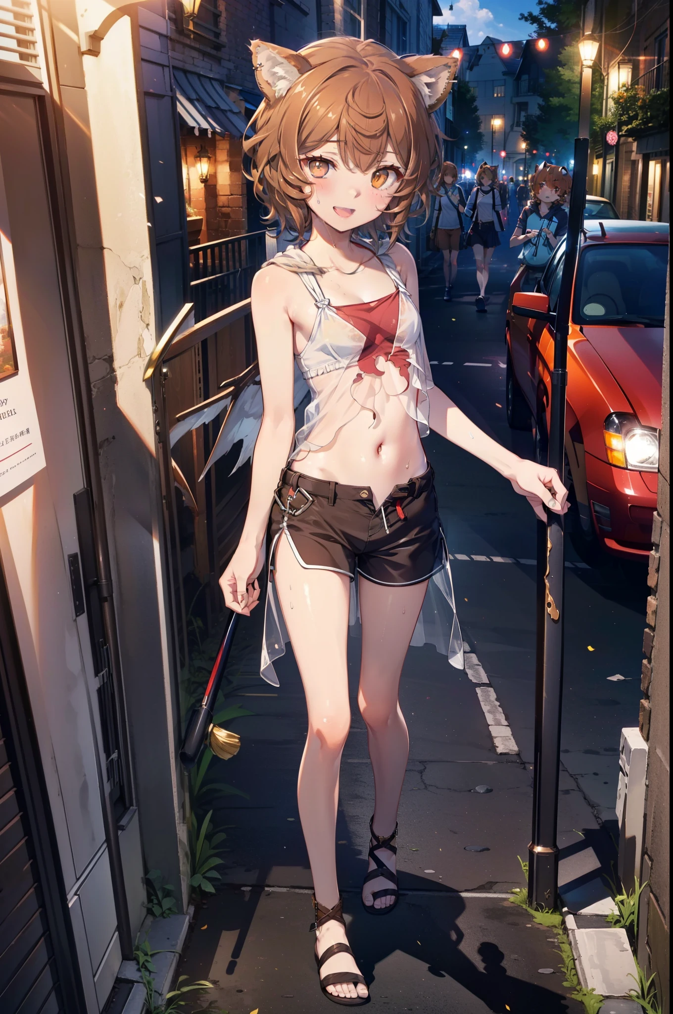 Lirilkaード, Lirilka, Animal ears, (Brown eyes:1.7), Brown Hair, (Flat Chest:1.2), happy smile, smile, Open your mouth,Sweat,See-through clothes,short hair,White Tank Top,Shorts,Cute Sandals ,Walking during the day,Clear skies,                                                            break looking at viewer, whole body,                　　　　　　 break outdoors ,Residential Street,　　　　　　　　　　　　break (masterpiece:1.2), Highest quality, High resolution, unity 8k wallpaper, (shape:0.8), (Beautiful and beautiful eyes:1.6), Highly detailed face, Perfect lighting, Highly detailed CG, (Perfect hands, Perfect Anatomy),