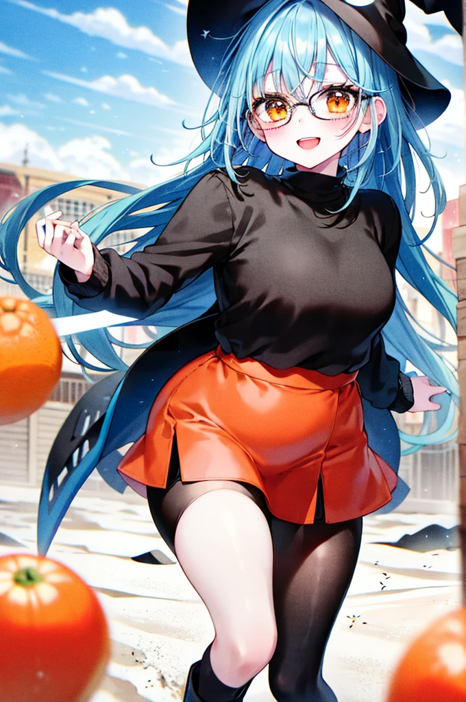 A middle school girl magician wearing a black wizard hat, glasses and black clothes、Thick body、Sand、Plump、running、running、Open Mouth Smile、Wearing black tights、Wearing black tights、Black miniskirt、Blue Hair、Orange Eyes、Blue Hair、Orange Eyes、Black boots