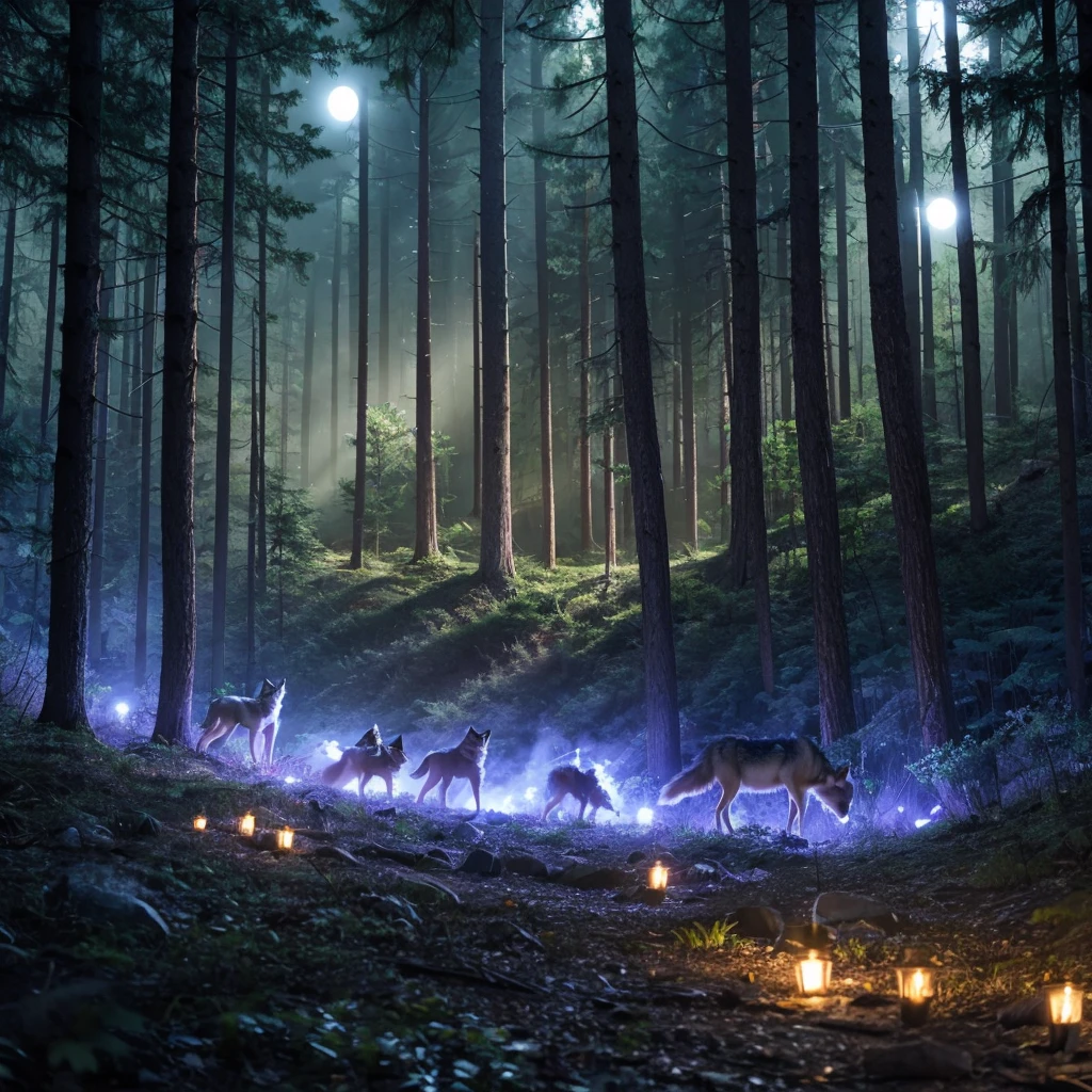 cool、Wolf pack、forest、night