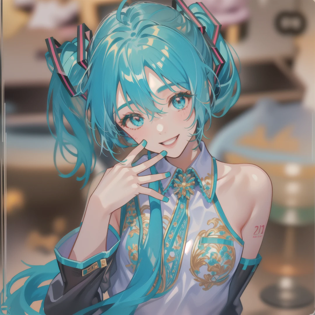 there is a doll with blue hair and a silver dress, hatsune miku, portrait of hatsune miku, miku, anime figurine, anime figure, hatsune miku short hair, mikudayo, vocaloid, hatsune miku portrait, hatsune miku, pvc figurine, hatsune miku face, good smile company anime style, anime pvc figure