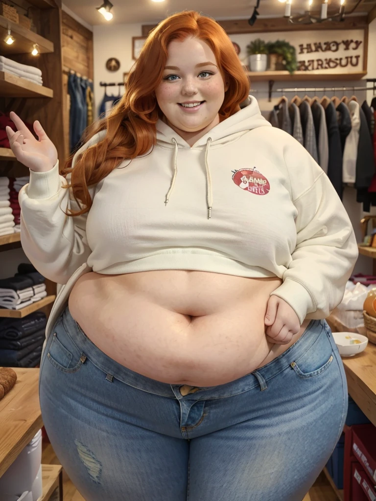 A happy photo of a young cute redhead bbw with long wavy ginger hair, huge soft fat belly, wide fat obese hips, thick fat legs and fat arms, cute pretty face, small breasts, blue eyes, freckles, in a cute covering hoodie and long jeans in a chrismas shop in winter while snowimg