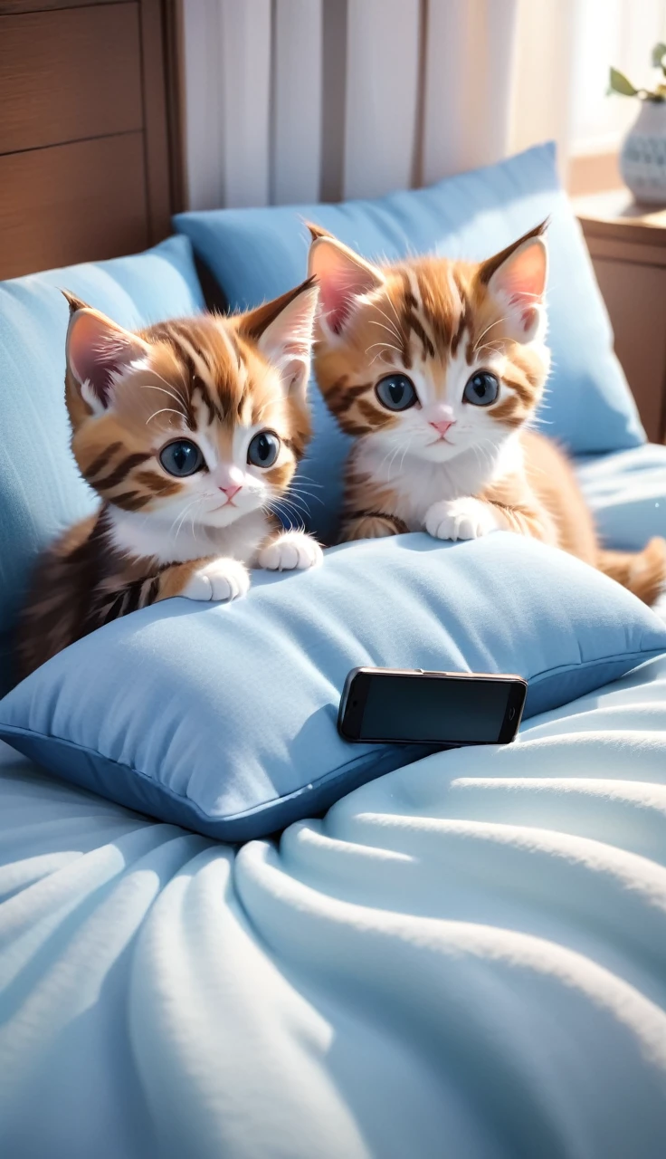 Photographically illustrate the following description.
 This picture shows two kittens on a bed with their heads on pillows, looking at a smartphone screen. The cats are relaxed and look as if they are watching TV or video like humans. The pillows look soft and the bed covers look comfortable. Overall, the atmosphere is warm and cozy.