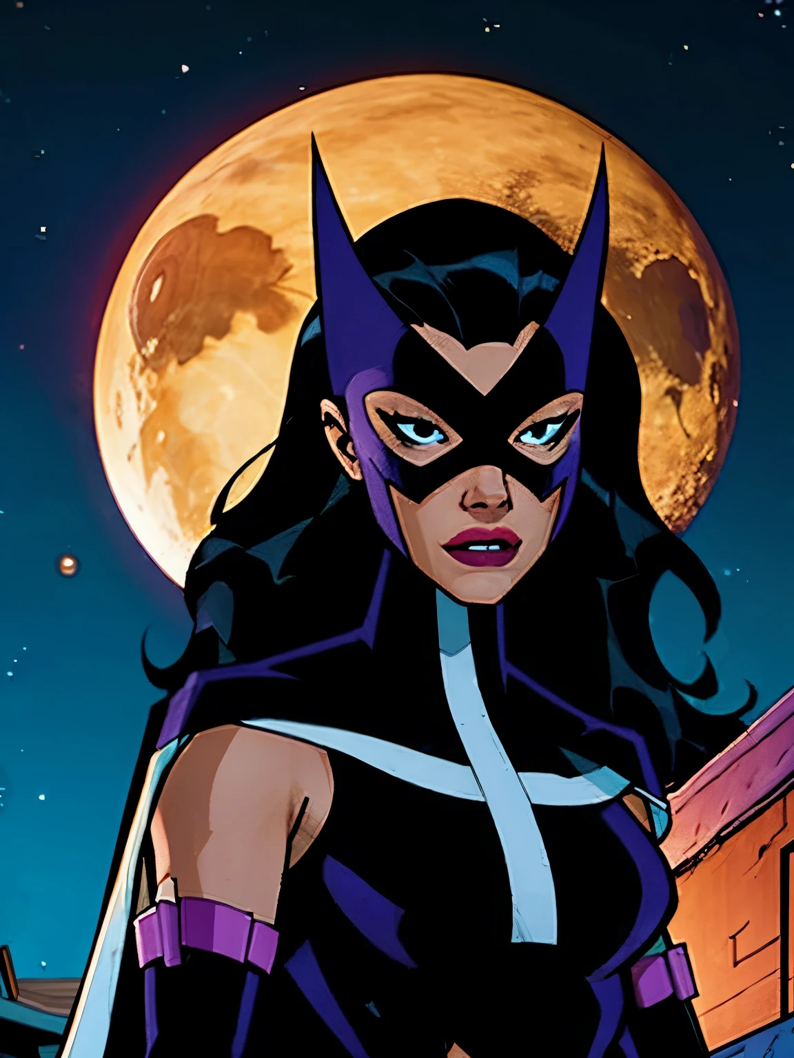 Huntress from DC comics, upper body, looking at something, scared, night time, night sky background