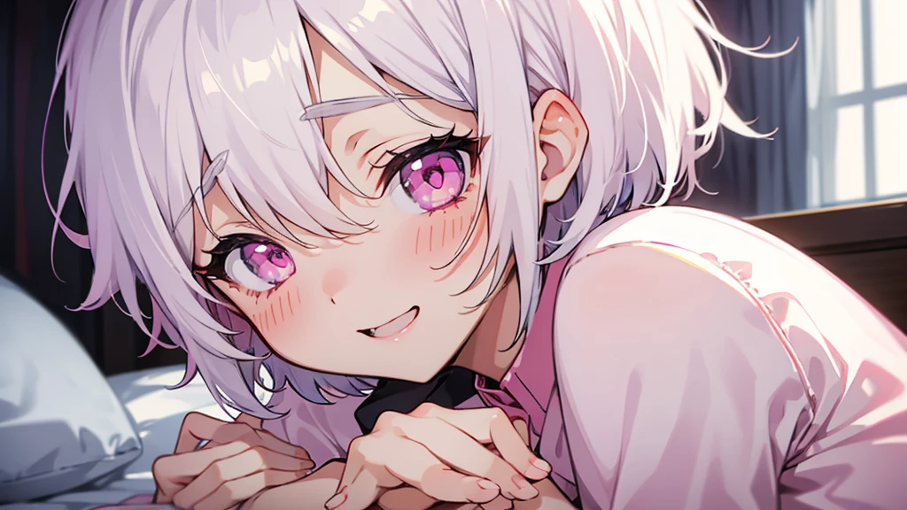 White Hair Girl、Pink Eyes、Short Hair、Only one girl、Night、In the bedroom、Blushing、laughing、Excited、Just One、Sitting on the bed、Sweating