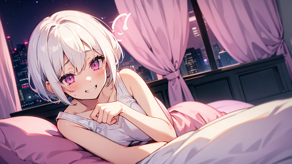 White Hair Girl、Pink Eyes、Short Hair、Only one girl、Night、In the bedroom、Blushing、laughing、Excited、Just One、Sitting on the bed、Sweating