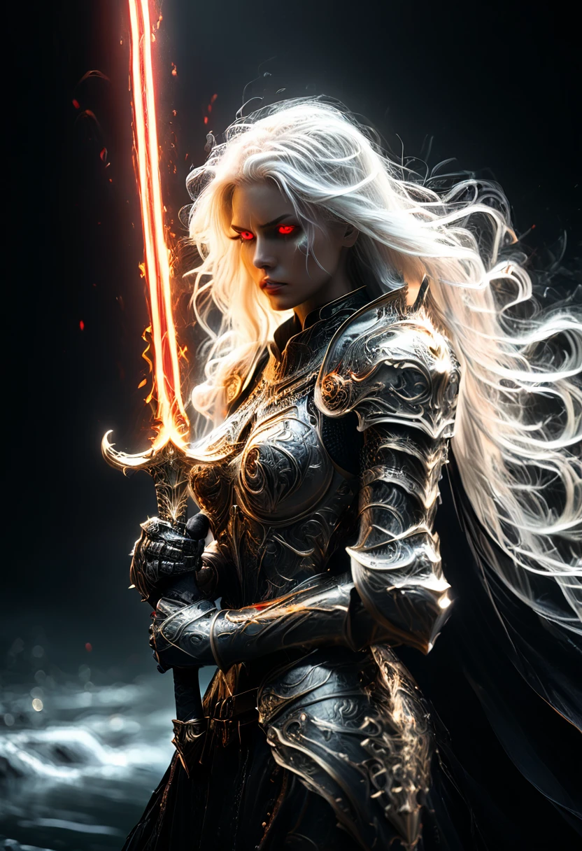 8k resolution, depth of field, photorealistic, lens flare, ((best quality)), (((intricate details))), highly detailed, (((cinematic effect))), looking at viewer,1girl,breasts,long hair, ((white hair with black highlights)), ponytail, (glowing red eyes), serious and severe face, ,wearing flame armor, helmet in the shape of a blood red head,holding,cleavages,V,vaporous swirls of deep black,holding weapon, sword, holding sword, night, (underworld,hells), well of cursed souls, (((the river styx background:1.5))),UHD, no anatomical defects,dark, extremely detailed,  amazing quality, masterpiece, best quality, hyper detailed, ultra detailed, UHD, perfect anatomy, portrait, DOF, majestic, awesome, inspiring, cinematic, global illumination, dramatic, atmospheric haze, cinematic composition, deep shadows, death scythe,dark aura,((golden:1.5)),made of mad-wsps, surrounded by glowing force magic