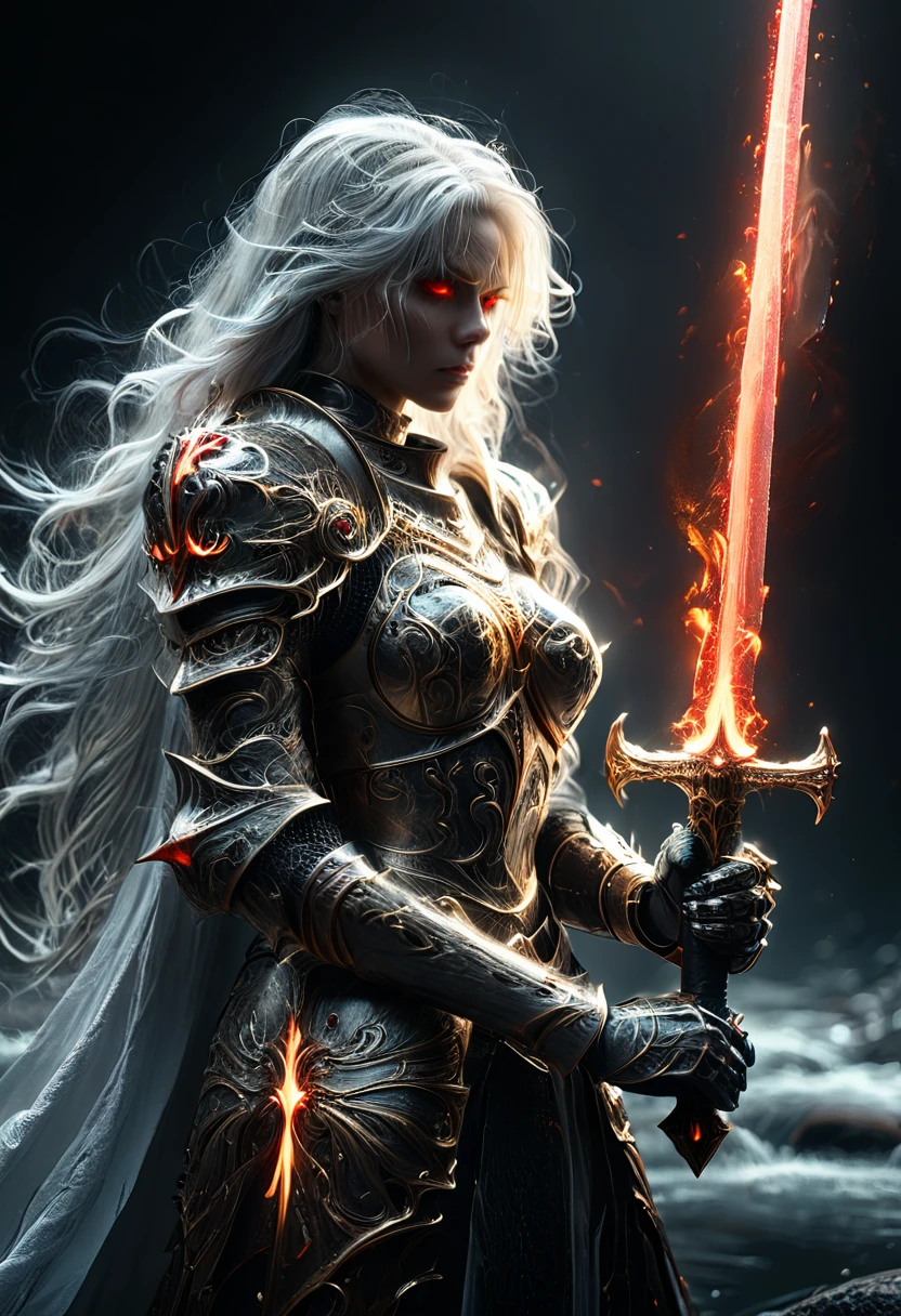 8k resolution, depth of field, photorealistic, lens flare, ((best quality)), (((intricate details))), highly detailed, (((cinematic effect))), looking at viewer,1girl,breasts,long hair, ((white hair with black highlights)), ponytail, (glowing red eyes), serious and severe face, ,wearing flame armor, helmet in the shape of a blood red head,holding,cleavages,V,vaporous swirls of deep black,holding weapon, sword, holding sword, night, (underworld,hells), well of cursed souls, (((the river styx background:1.5))),UHD, no anatomical defects,dark, extremely detailed,  amazing quality, masterpiece, best quality, hyper detailed, ultra detailed, UHD, perfect anatomy, portrait, DOF, majestic, awesome, inspiring, cinematic, global illumination, dramatic, atmospheric haze, cinematic composition, deep shadows, death scythe,dark aura,((golden:1.5)),made of mad-wsps, surrounded by glowing force magic