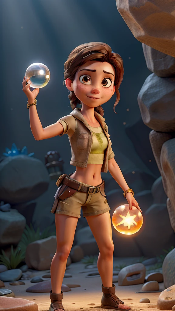 masterpiece, best quality, tomb raider (she is holding the crystal ball above her head), (she is holding the crystal ball high in the air happy with her discovery) ,(suggest different poses and themes), beige crop top, shorts, spider webs, stones, rocks, puddles, dirt, diffuse light, small boobs:1.4, barefoot, torch in hand, smoke, sparks, lens_flares