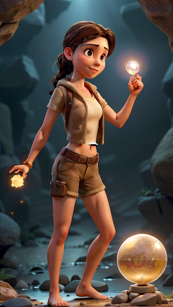 masterpiece, best quality, tomb raider (she is holding the crystal ball above her head), (she is holding the crystal ball high in the air happy with her discovery) ,(suggest different poses and themes), beige crop top, shorts, spider webs, stones, rocks, puddles, dirt, diffuse light, small boobs:1.4, barefoot, torch in hand, smoke, sparks, lens_flares