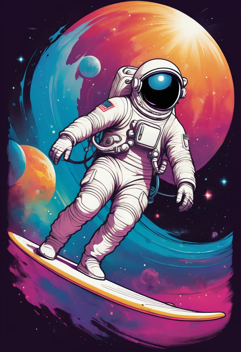 creative logo illustration of an astronaut with white space suite riding a surfboard on the colorful nebula wave with planets around, digitl art sketch by frank frazetta, dan mumford, carne griffith, high definition, bold outines, logo style, negative space, T-shirts design