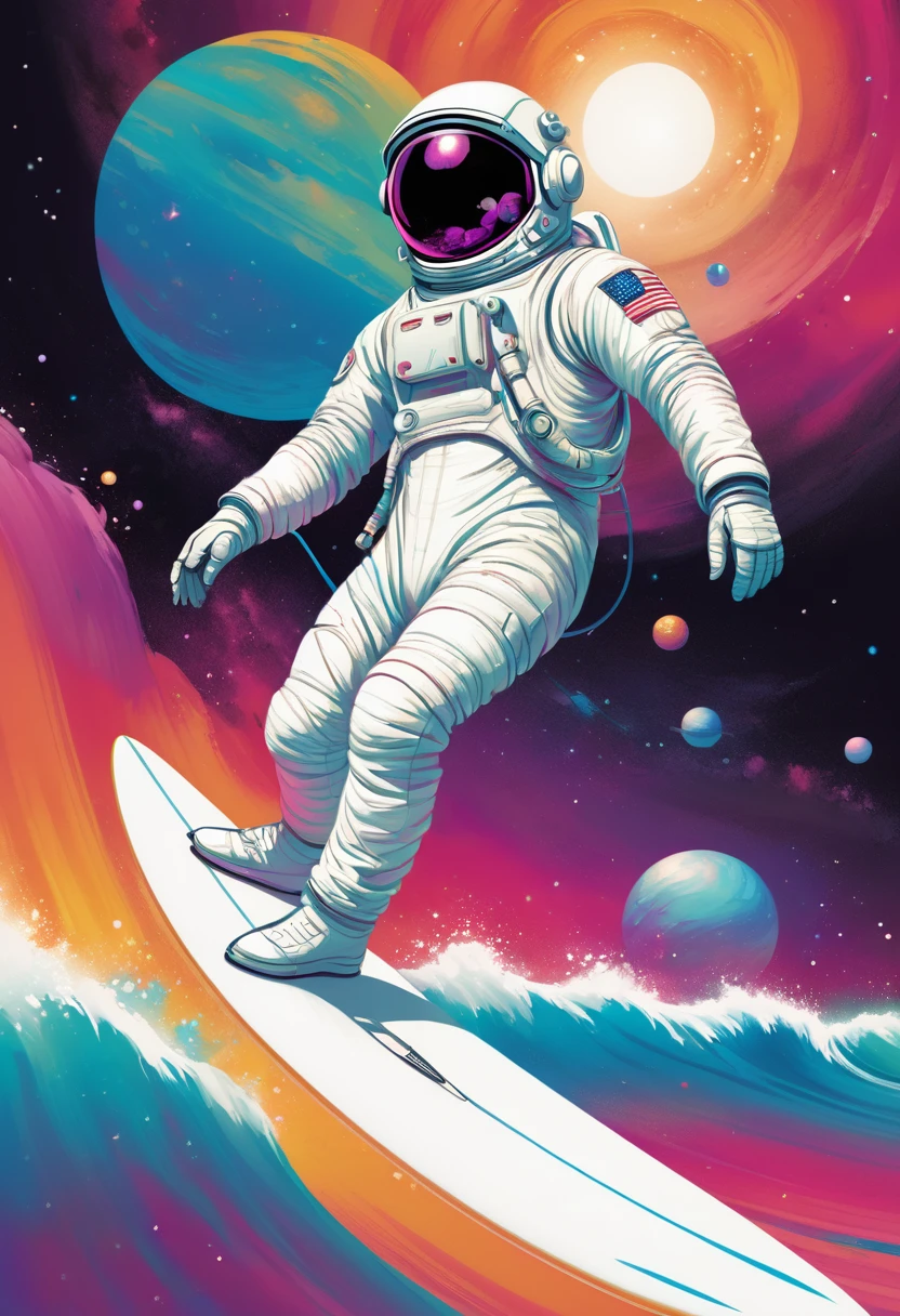 creative logo illustration of an astronaut with white space suite riding a surfboard on the colorful nebula wave with planets around, digitl art sketch by frank frazetta, dan mumford, carne griffith, high definition, bold outines, logo style, negative space, T-shirts design