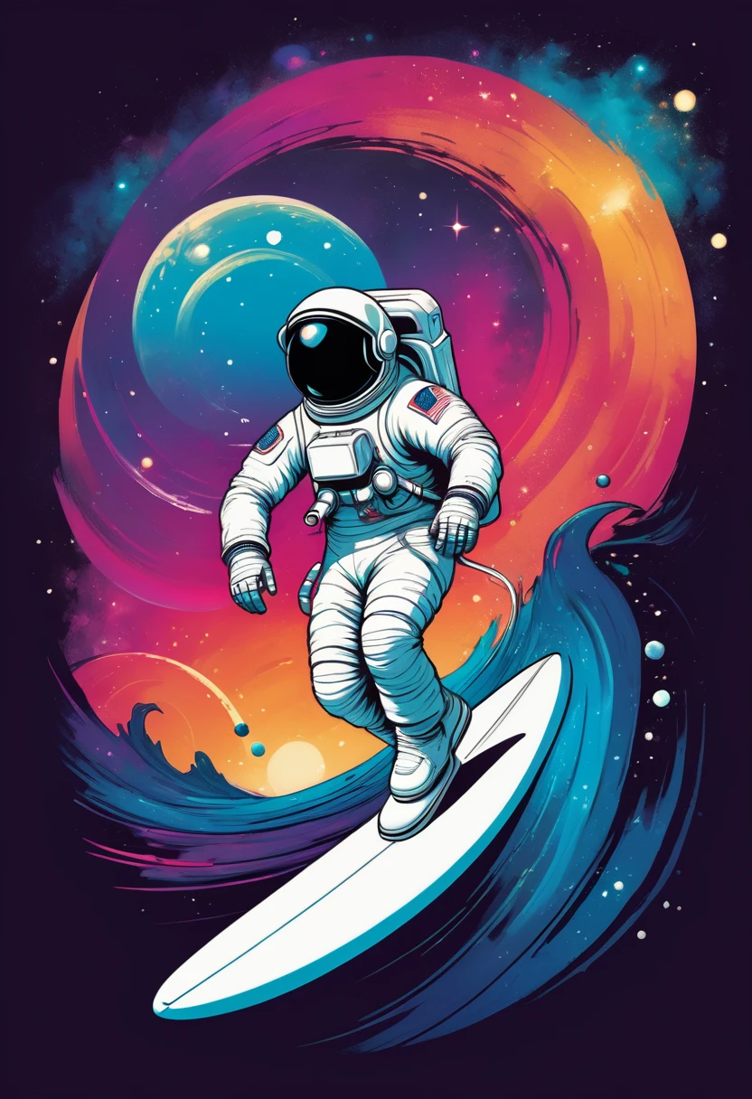 creative logo illustration of an astronaut with white space suite riding a surfboard on the colorful nebula wave with planets around, digitl art sketch by frank frazetta, dan mumford, carne griffith, high definition, bold outines, logo style, negative space, T-shirts design