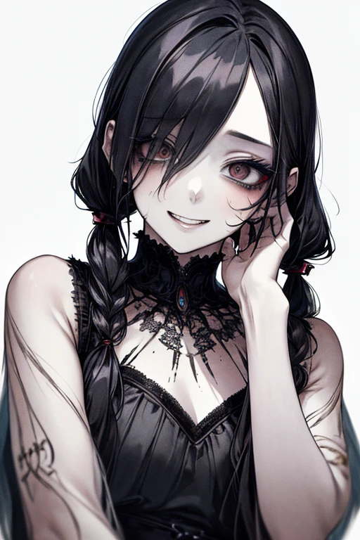 (masterpiece:1.2, Highest quality), (Actual Photos, Intricate details), (1 female, alone, Upper Body, Small breasts) ,Blood、whole body、Punk fashion、Shave your head、Long Hair、、Black Hair、Twin tails、(((Dark circles under the eyes)))、Pale skin、I feel unwell、Wicked Smile、Crazy Eyes、(Grin)Dramatic makeup,Create mixed media art、White Background
