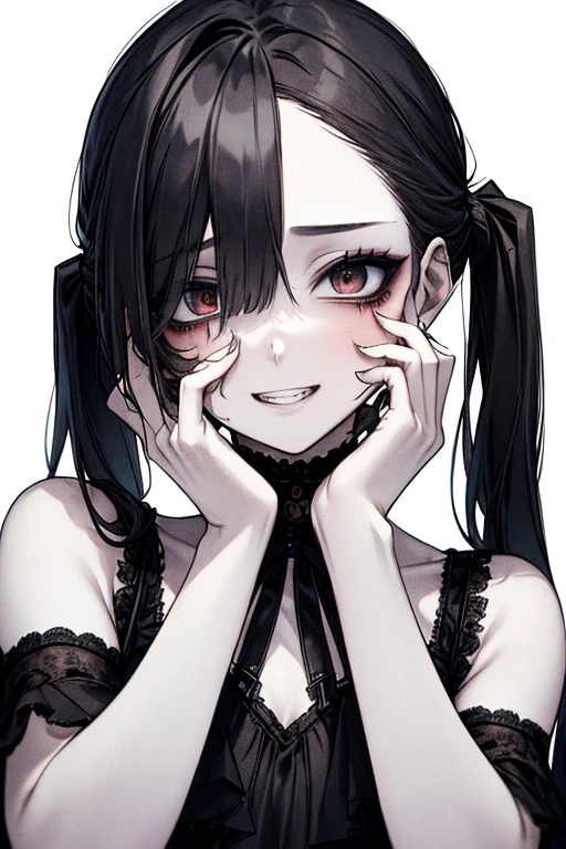 (Place your hands behind your head)、(masterpiece: 1. 2, Highest quality), (Live Action, Exquisite detail), (Anatomically correct), (1 girl, Small breasts, With eyes wide open, Scary atmosphere, Distorted representation, Wicked Smile, Bleeding eyes, Blood splatter, whole body, China dress, Twin-tailed bun, Black Hair, (Dark circles under the eyes), white, Sickly, Crazy Eyes, (Grin), Dramatic makeup, Mixed Media Art, White background