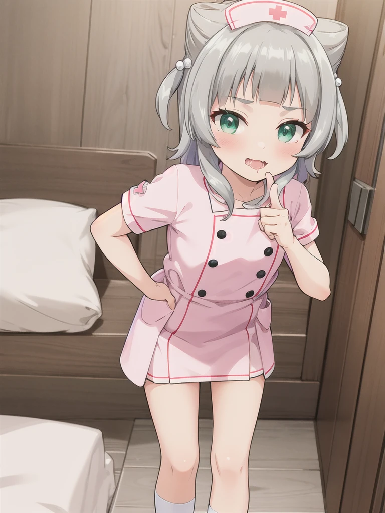 indoor,hospital,On the bed,1girl, Green Eyes, Grey Hair, hair ornaments, bangs, Virtual YouTuber, Shine, blunt bangs, Double Bang, Animal ears, Flat Chest,Pink nurse uniform,blush, (View your viewers), smile, Are standing,undressing,bare breast,1boy,Grab your chest,Bite your finger,saliva,orgasm