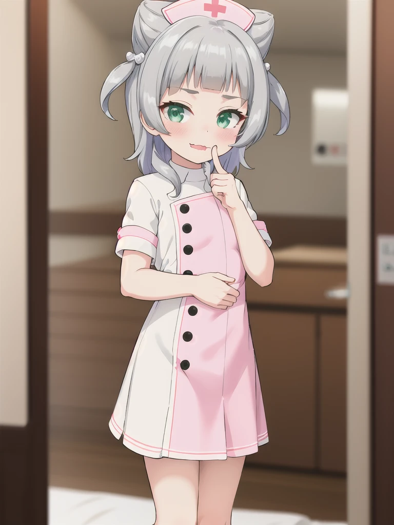 indoor,hospital,On the bed,1girl, Green Eyes, Grey Hair, hair ornaments, bangs, Virtual YouTuber, Shine, blunt bangs, Double Bang, Animal ears, Flat Chest,Pink nurse uniform,blush, (View your viewers), smile, Are standing,undressing,bare breast,1boy,Grab your chest,Bite your finger,saliva,orgasm