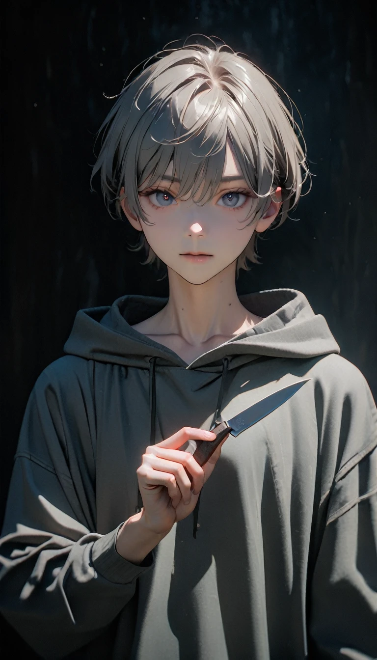(8K, RAW photos, best quality, masterpiece: 1.4), (((boy standing in the dark))),Ultra-high resolution, Extremely detailed, Upper body close-up, handsome boy, black eyes, (delicate eyes, Eyes are bright:1.2), Gray short hair, Fair skin,dark, Grey sweatshirt, sweatshirt with hood,(perfect anatomy:1.2), High-quality shadows, Natural Lighting, (White highlights:1.2), night, cloudy day, (Dark Space:1.2), (Boning knife in hand:1.2)
